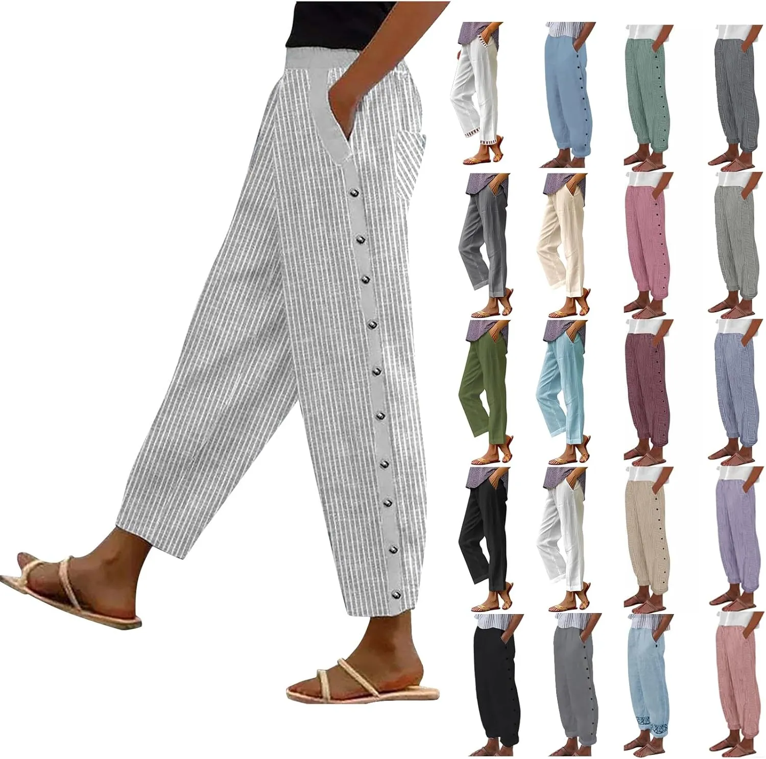 Linen Cropped Pants for Women Summer Trousers Plus Size Pants Trendy Drawstring Elastic Waist Joggers with Pockets