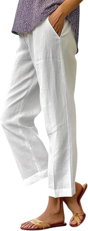 Linen Cropped Pants for Women Summer Trousers Plus Size Pants Trendy Drawstring Elastic Waist Joggers with Pockets