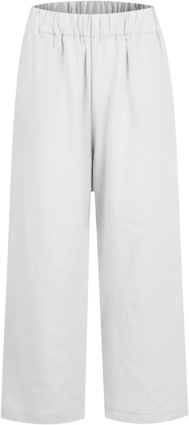 Linen Cropped Pants for Women Summer Trousers Plus Size Pants Trendy Drawstring Elastic Waist Joggers with Pockets