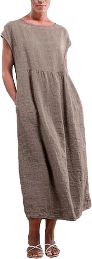 Linen Dress for Women Summer 2025 Short Sleeve Long Maxi Dress Beach Vacation Casual Flowy Sundress with Pockets