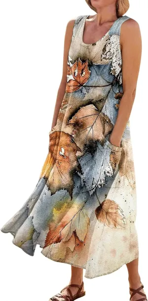 Linen Dress for Women Summer Sleeveless Solid Casual Baggy Flowy Maxi Dresses Plus Size Sundress with Pockets