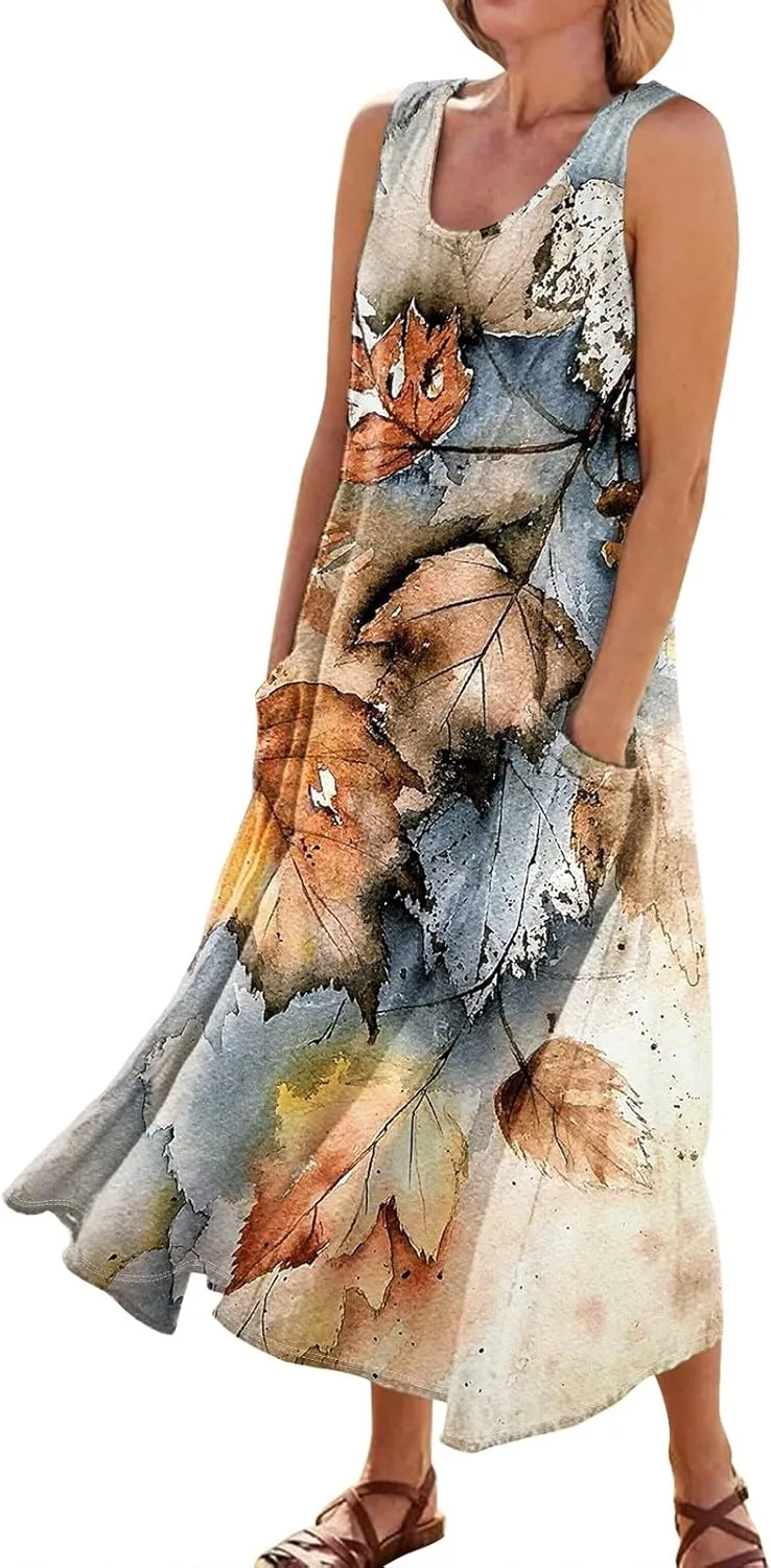Linen Dress for Women Summer Sleeveless Solid Casual Baggy Flowy Maxi Dresses Plus Size Sundress with Pockets