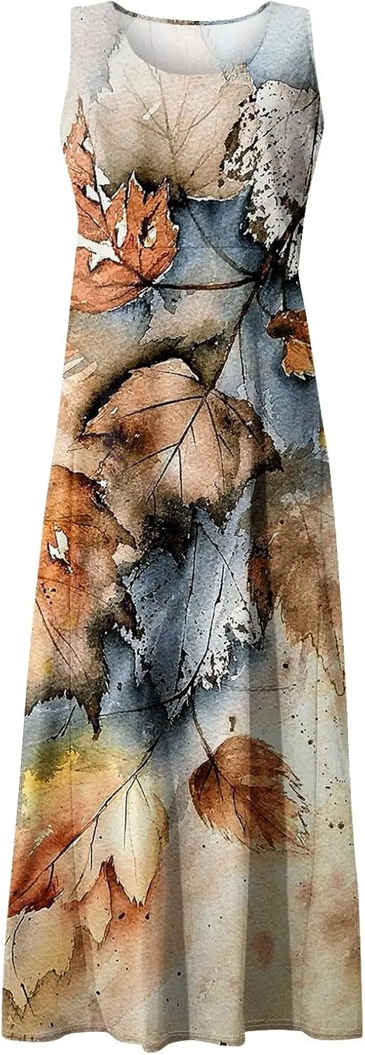 Linen Dress for Women Summer Sleeveless Solid Casual Baggy Flowy Maxi Dresses Plus Size Sundress with Pockets