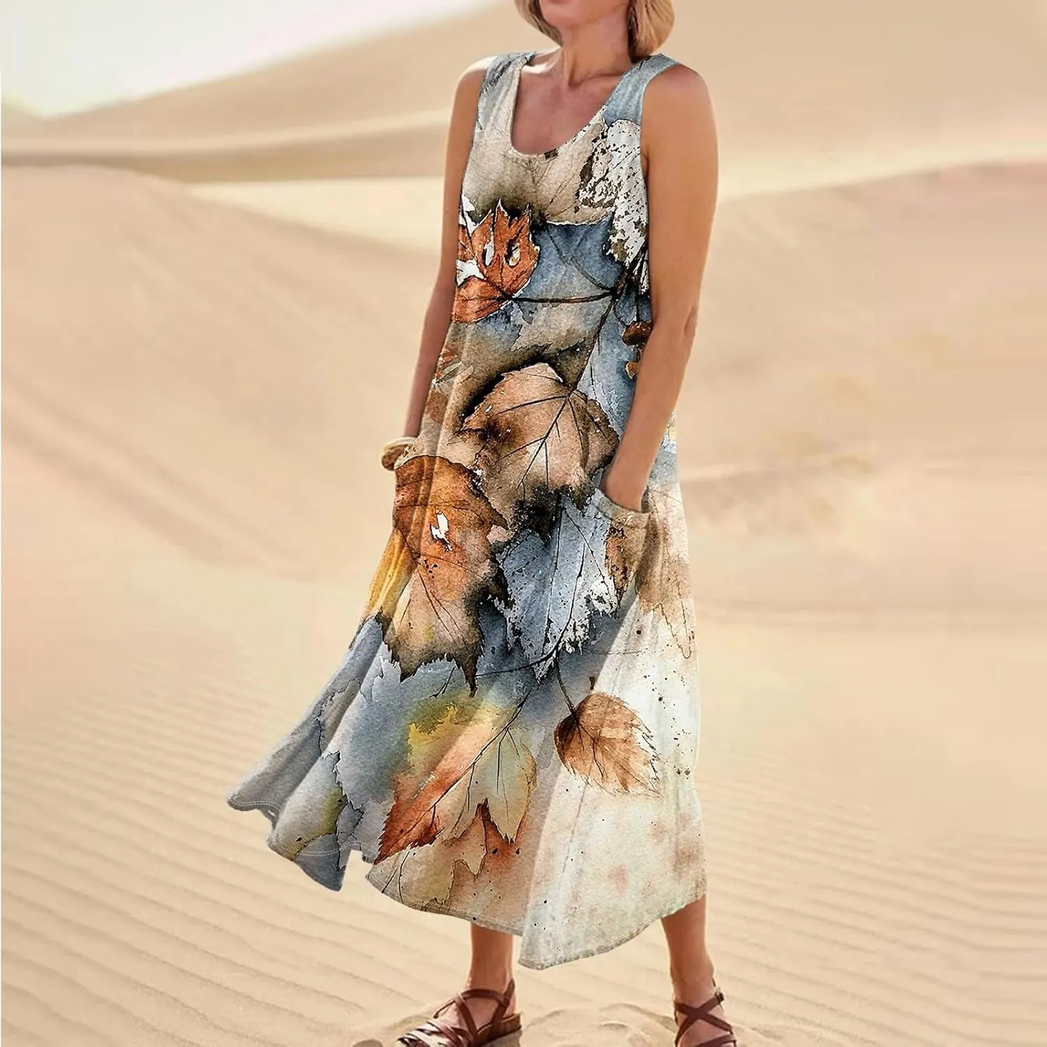 Linen Dress for Women Summer Sleeveless Solid Casual Baggy Flowy Maxi Dresses Plus Size Sundress with Pockets