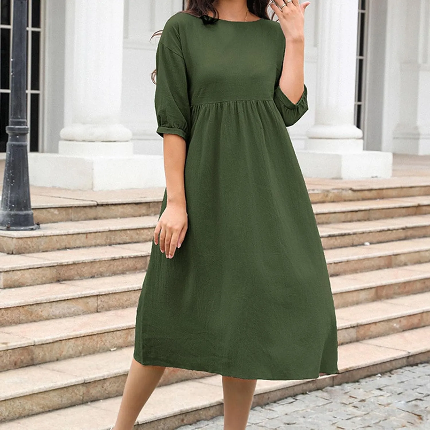 Linen Dress Women 2025 Summer Crew Neck Short Sleeve Solid Color Beach Midi Dresses Fashion Comfy Vacation Sundress