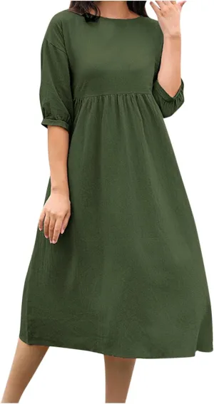 Linen Dress Women 2025 Summer Crew Neck Short Sleeve Solid Color Beach Midi Dresses Fashion Comfy Vacation Sundress