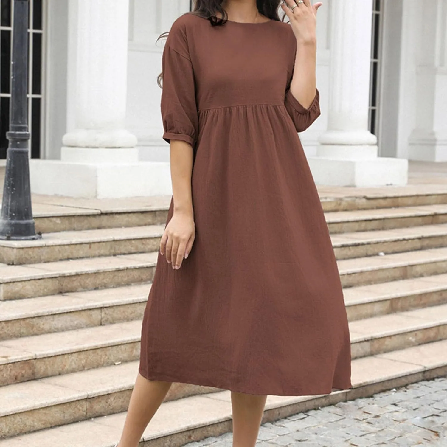Linen Dress Women 2025 Summer Crew Neck Short Sleeve Solid Color Beach Midi Dresses Fashion Comfy Vacation Sundress