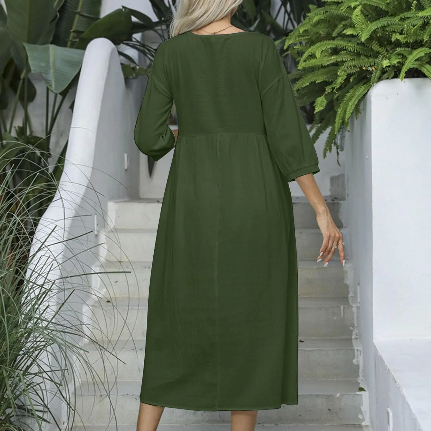 Linen Dress Women 2025 Summer Crew Neck Short Sleeve Solid Color Beach Midi Dresses Fashion Comfy Vacation Sundress