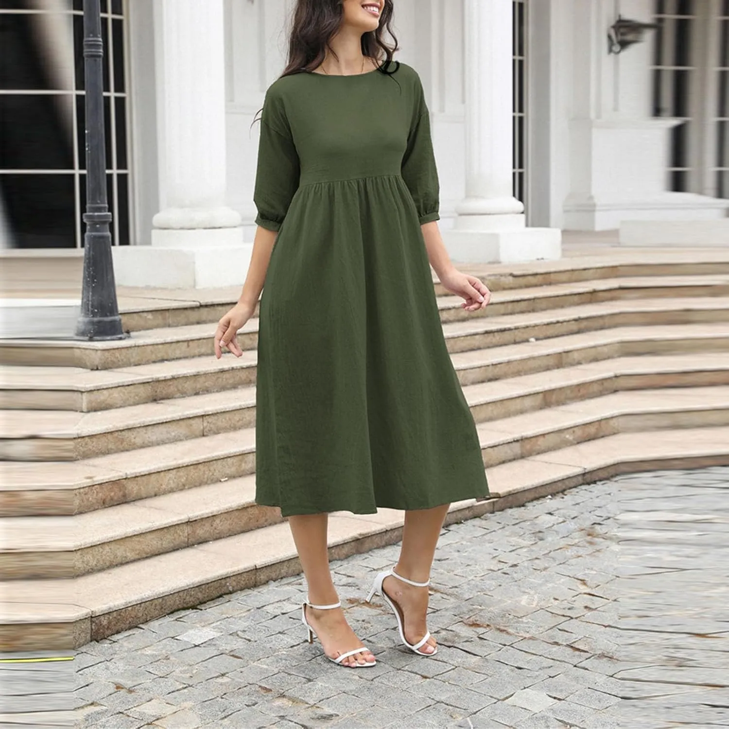 Linen Dress Women 2025 Summer Crew Neck Short Sleeve Solid Color Beach Midi Dresses Fashion Comfy Vacation Sundress