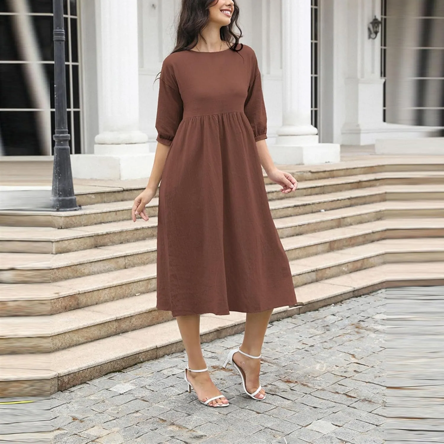 Linen Dress Women 2025 Summer Crew Neck Short Sleeve Solid Color Beach Midi Dresses Fashion Comfy Vacation Sundress