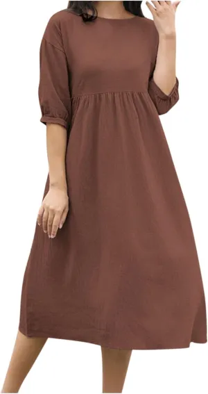 Linen Dress Women 2025 Summer Crew Neck Short Sleeve Solid Color Beach Midi Dresses Fashion Comfy Vacation Sundress