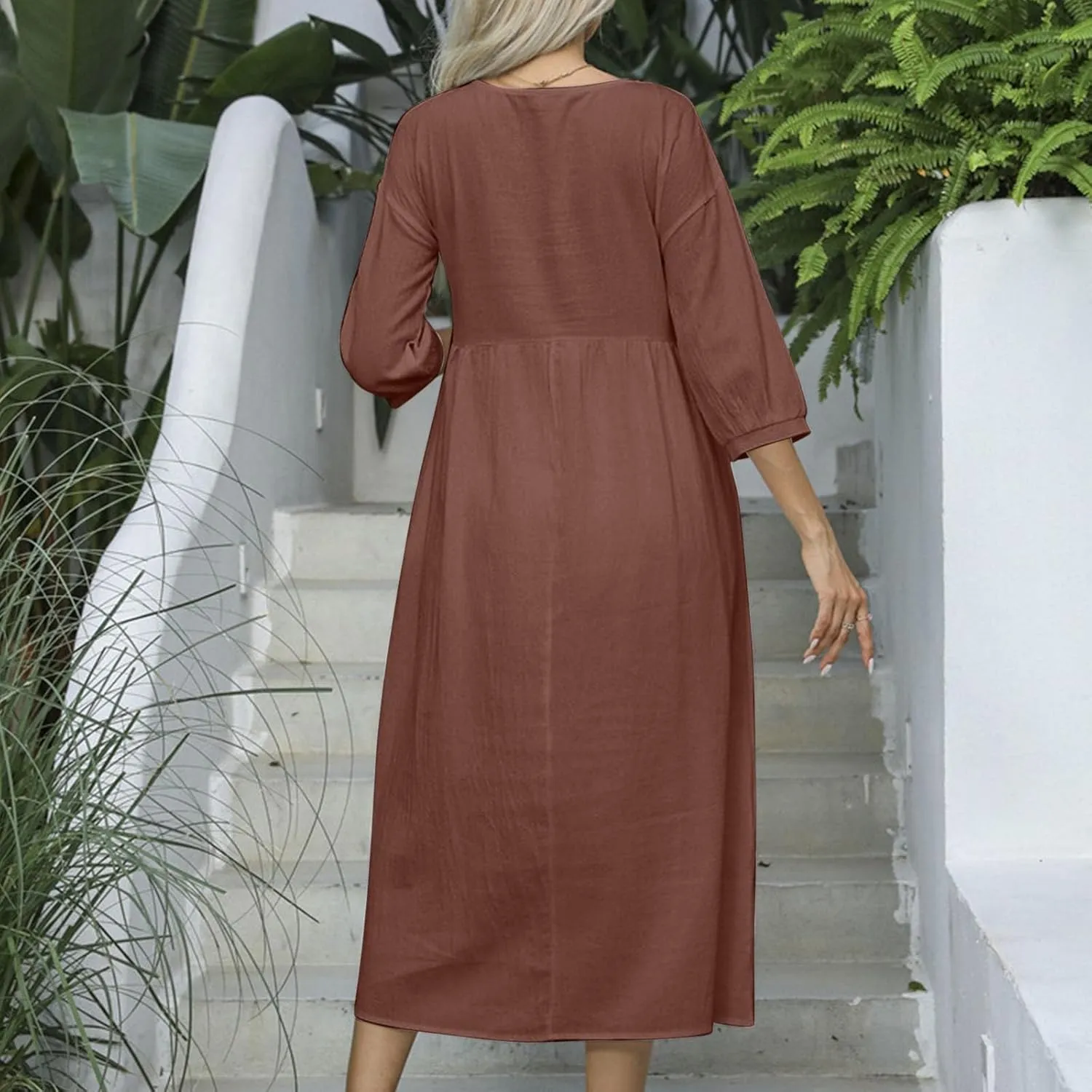 Linen Dress Women 2025 Summer Crew Neck Short Sleeve Solid Color Beach Midi Dresses Fashion Comfy Vacation Sundress