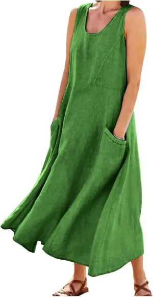 Linen Dresses for Women 2025 Boho Sleeveless Plus Size Maxi Dresses Summer Casual Vacation Beach Dresses with Pockets