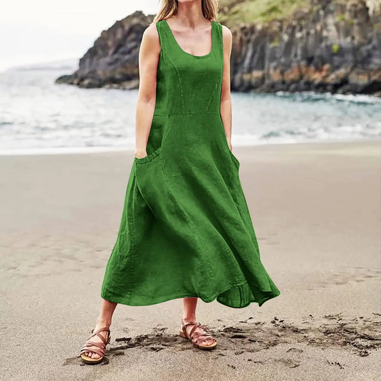 Linen Dresses for Women 2025 Boho Sleeveless Plus Size Maxi Dresses Summer Casual Vacation Beach Dresses with Pockets