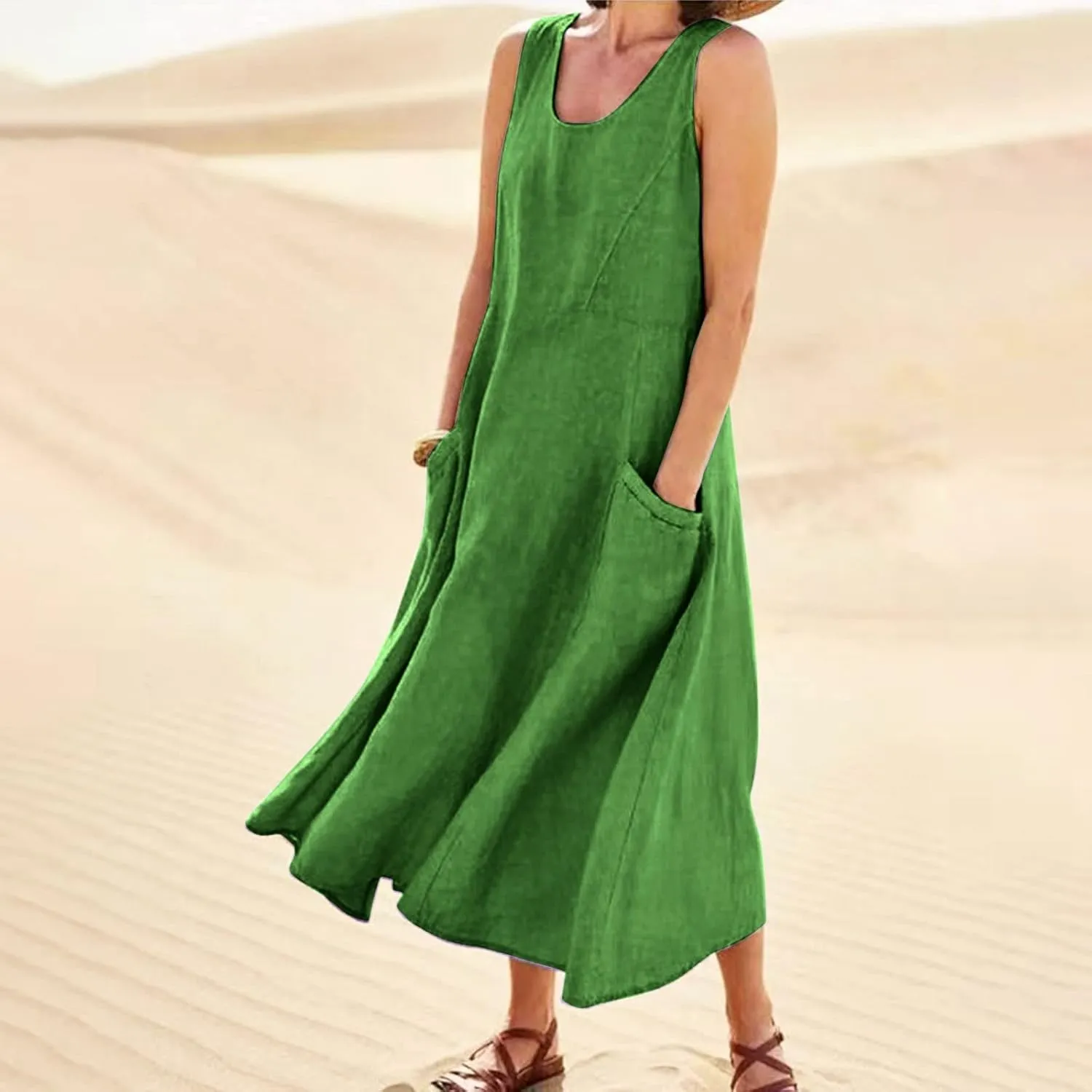 Linen Dresses for Women 2025 Boho Sleeveless Plus Size Maxi Dresses Summer Casual Vacation Beach Dresses with Pockets