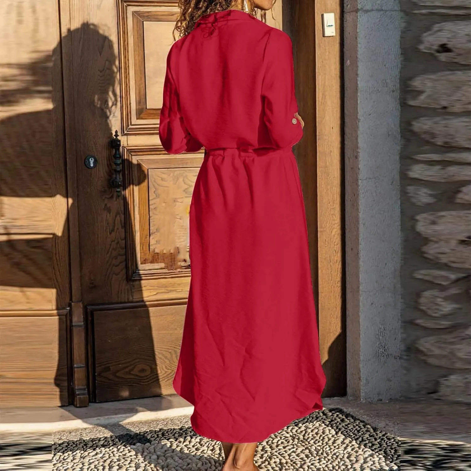 Linen Dresses for Women 2025 Casual Spring Loose Fit Lapel Shirt Dress Fashion Solid Color Button Pleated Dress