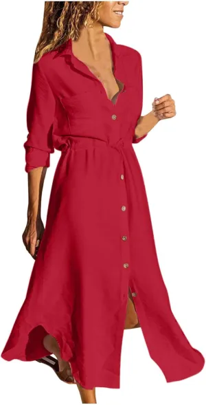Linen Dresses for Women 2025 Casual Spring Loose Fit Lapel Shirt Dress Fashion Solid Color Button Pleated Dress