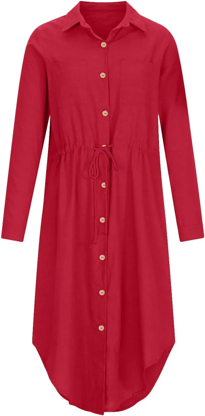 Linen Dresses for Women 2025 Casual Spring Loose Fit Lapel Shirt Dress Fashion Solid Color Button Pleated Dress