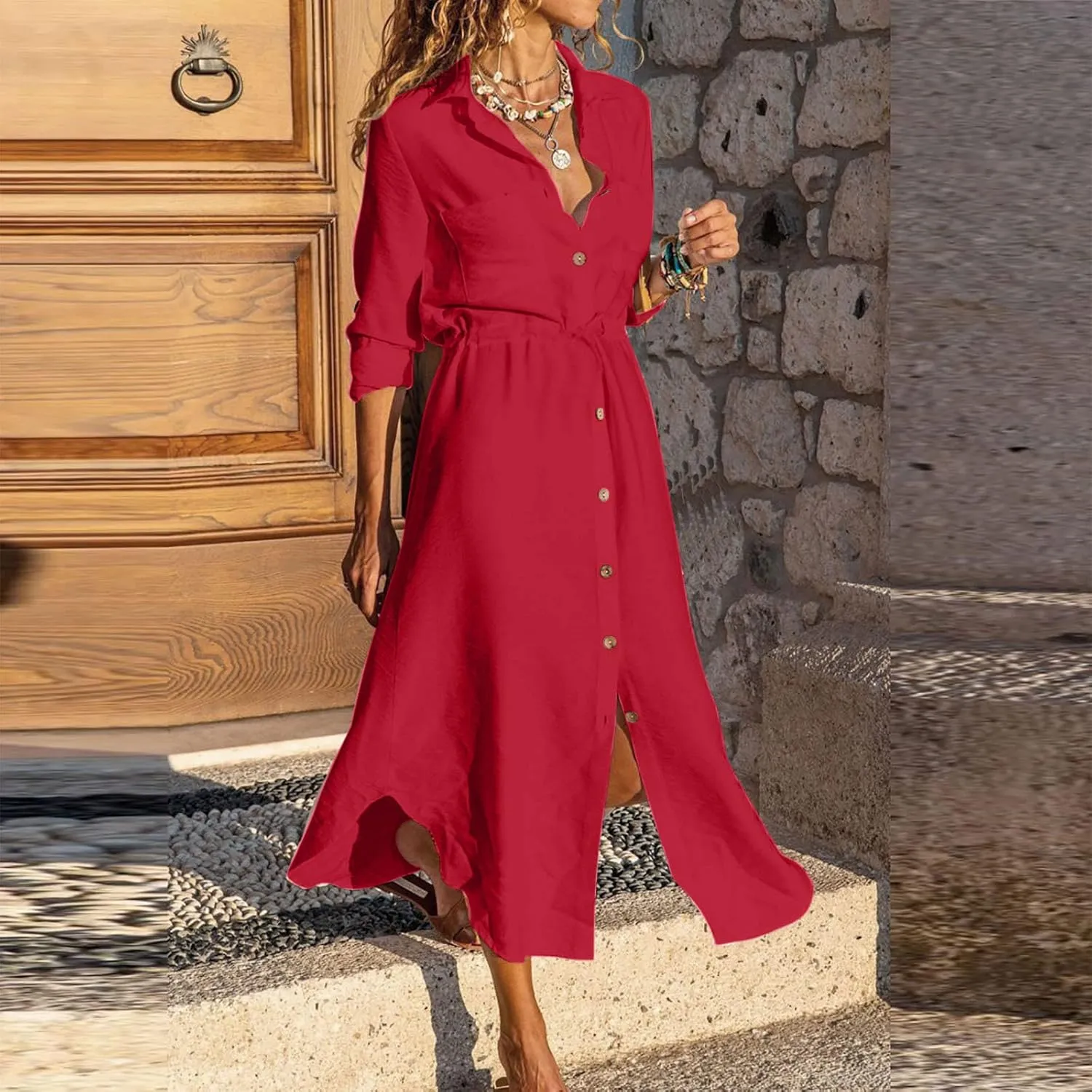 Linen Dresses for Women 2025 Casual Spring Loose Fit Lapel Shirt Dress Fashion Solid Color Button Pleated Dress