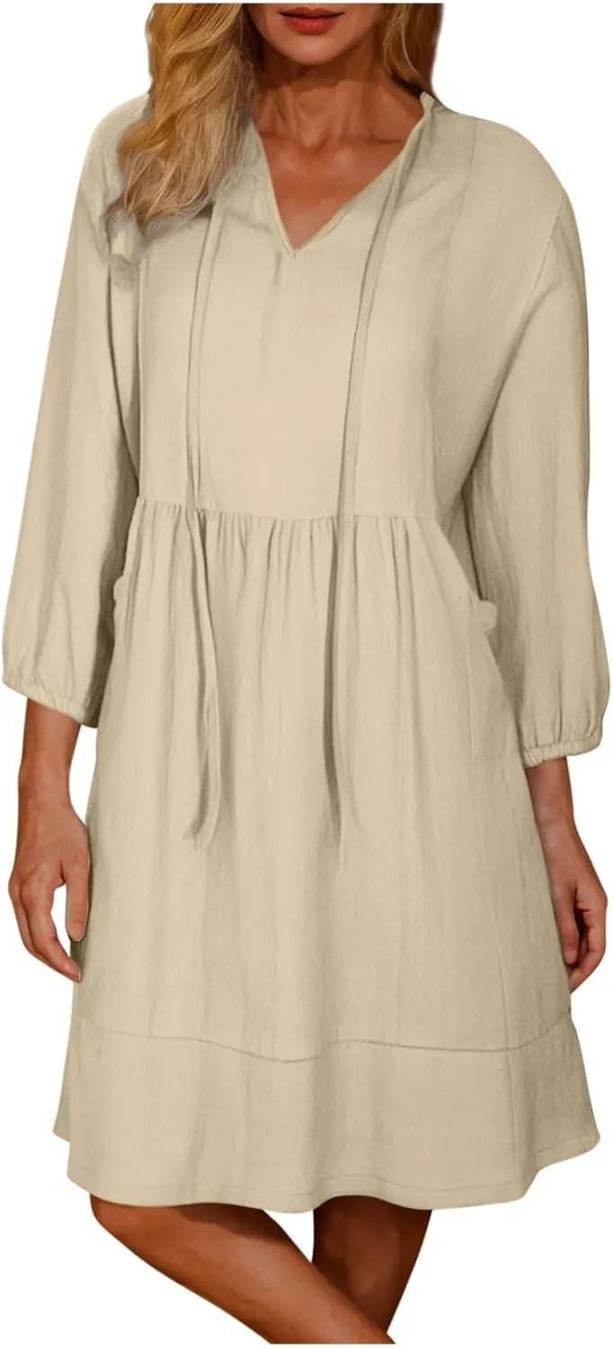 Linen Dresses for Women 2025 Casual Summer Cotton Linen Dress Tunic Flowy Mini Sundress 3/4 Sleeve Beach Outfits