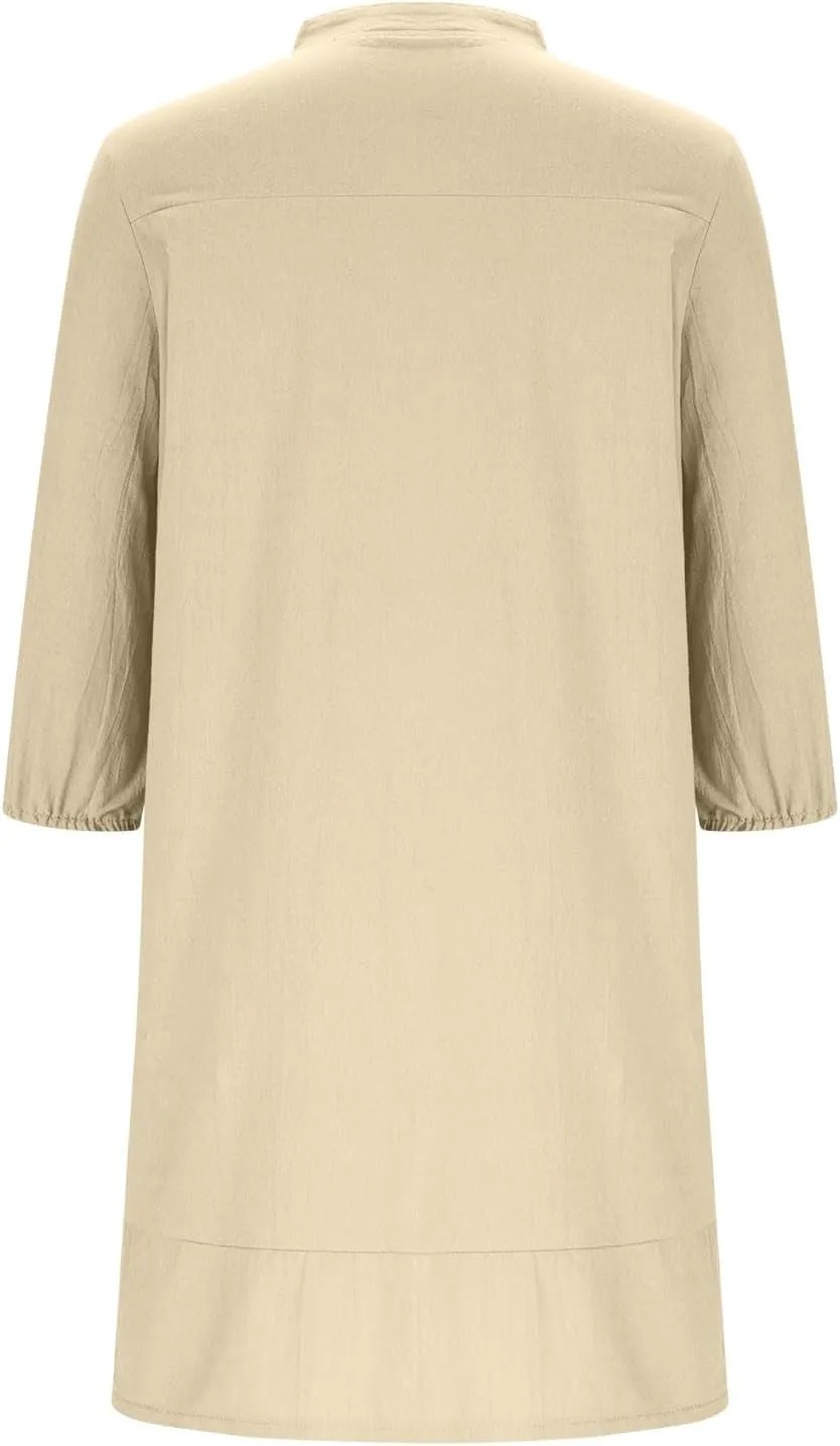 Linen Dresses for Women 2025 Casual Summer Cotton Linen Dress Tunic Flowy Mini Sundress 3/4 Sleeve Beach Outfits