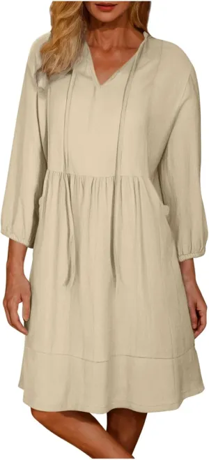 Linen Dresses for Women 2025 Casual Summer Cotton Linen Dress Tunic Flowy Mini Sundress 3/4 Sleeve Beach Outfits