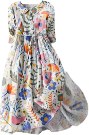 Linen Dresses Women 2025 Plus Size Floral Maxi Dress Short Sleeve Button Down t-Shirt Dress Swing Beach Sundresses