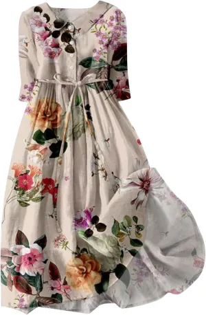 Linen Dresses Women 2025 Plus Size Floral Maxi Dress Short Sleeve Button Down t-Shirt Dress Swing Beach Sundresses