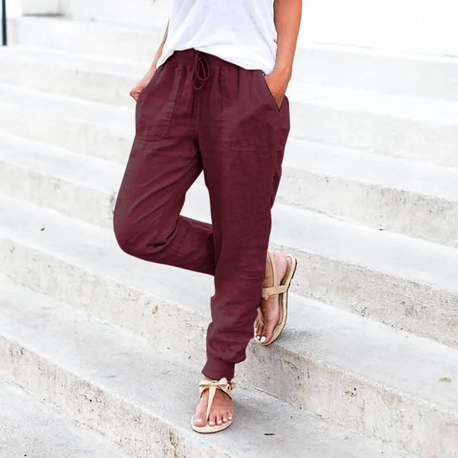 Linen Joggers for Women Casual Elastic High Waist Pants Drawstring Tapered Pants Sumemr Lightweight Trousers with Pockets