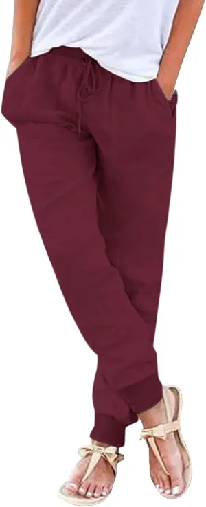 Linen Joggers for Women Casual Elastic High Waist Pants Drawstring Tapered Pants Sumemr Lightweight Trousers with Pockets