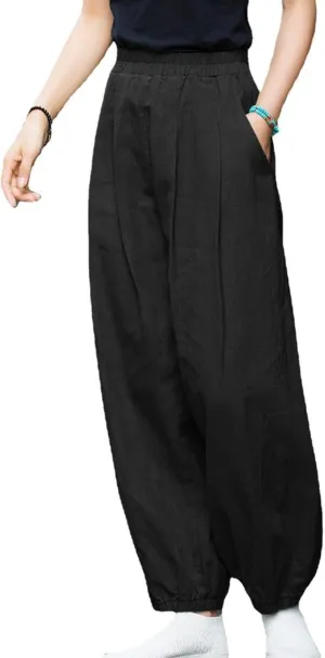 Linen Palazzo Pants for Women Boho Wide Leg Elastic High Waist Casual Lounge Pant Solid Cotton Trousers with Pocket
