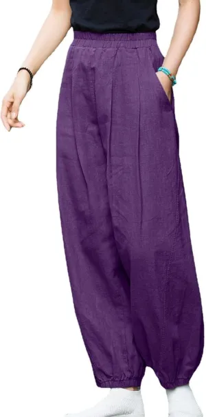 Linen Palazzo Pants for Women Boho Wide Leg Elastic High Waist Casual Lounge Pant Solid Cotton Trousers with Pocket