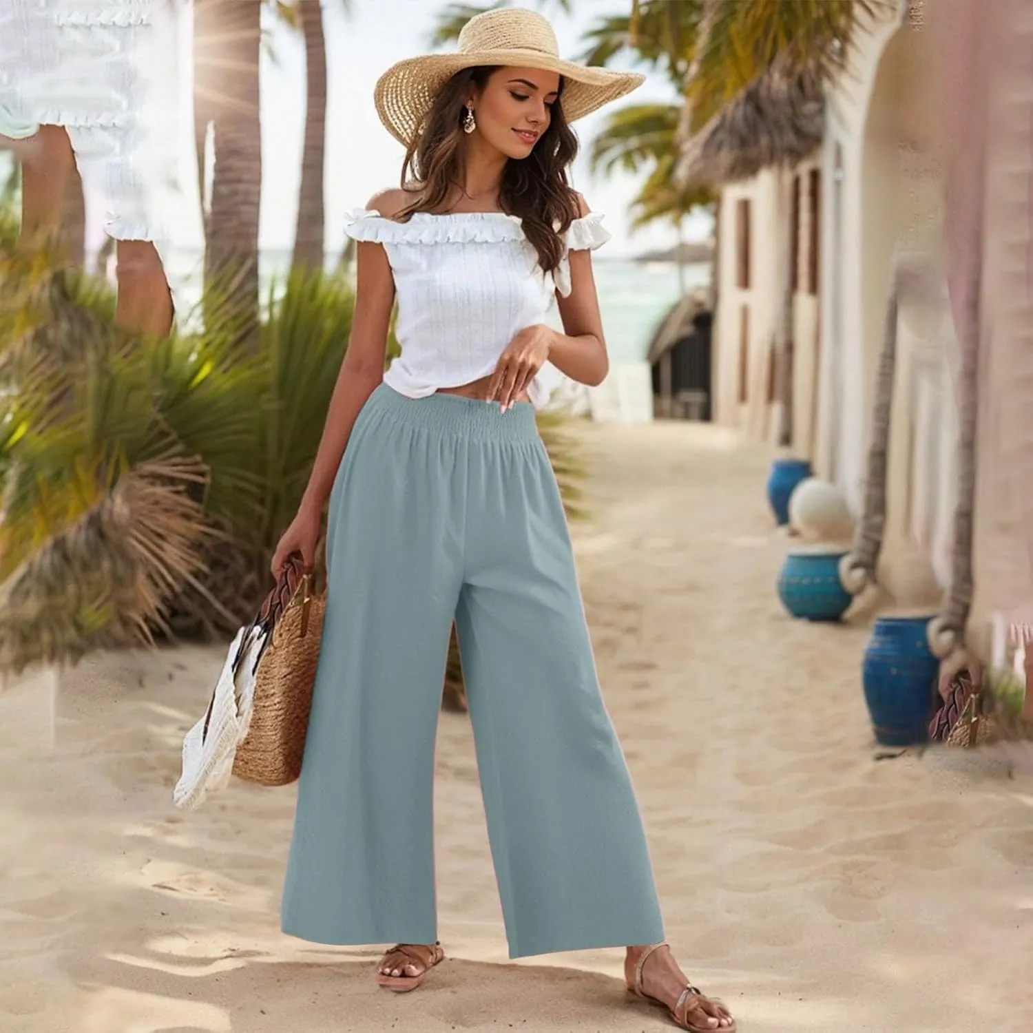 Linen Palazzo Pants for Women Casual Summer Smocked Elastic High Waisted Wide Leg Pants Loose Vacation Beach Trousers