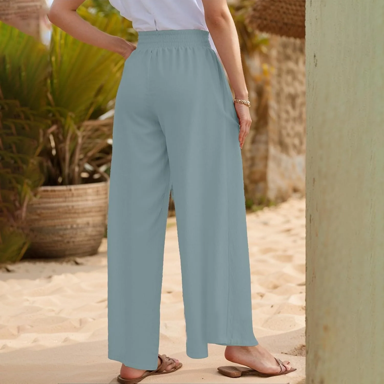 Linen Palazzo Pants for Women Casual Summer Smocked Elastic High Waisted Wide Leg Pants Loose Vacation Beach Trousers