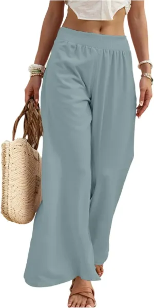 Linen Palazzo Pants for Women Casual Summer Smocked Elastic High Waisted Wide Leg Pants Loose Vacation Beach Trousers