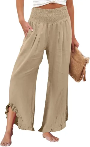 Linen Palazzo Pants for Women Smocked High Waisted Ruffle Hem Wide Leg Pants Loose Summer Beach Trousers with Pockets