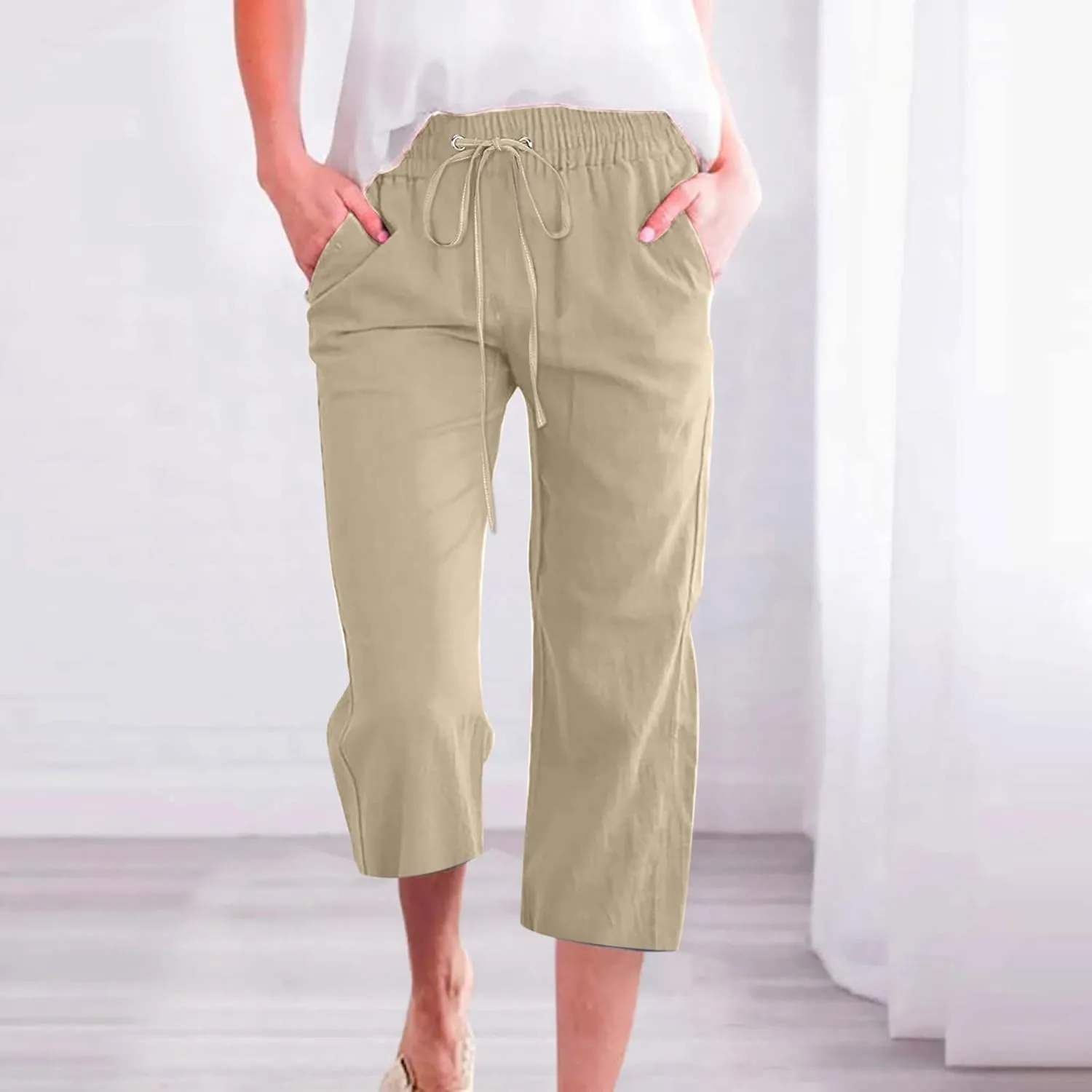 Linen Pants for Women 2025 Summer Capri Pant Trendy Drawstring Elastic Waist Cropped Trouser Comy Cotton Pants