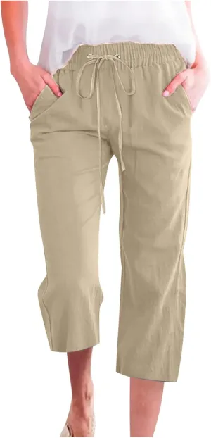 Linen Pants for Women 2025 Summer Capri Pant Trendy Drawstring Elastic Waist Cropped Trouser Comy Cotton Pants