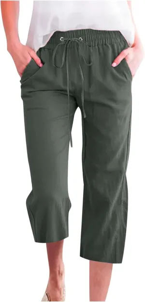 Linen Pants for Women 2025 Summer Capri Pant Trendy Drawstring Elastic Waist Cropped Trouser Comy Cotton Pants