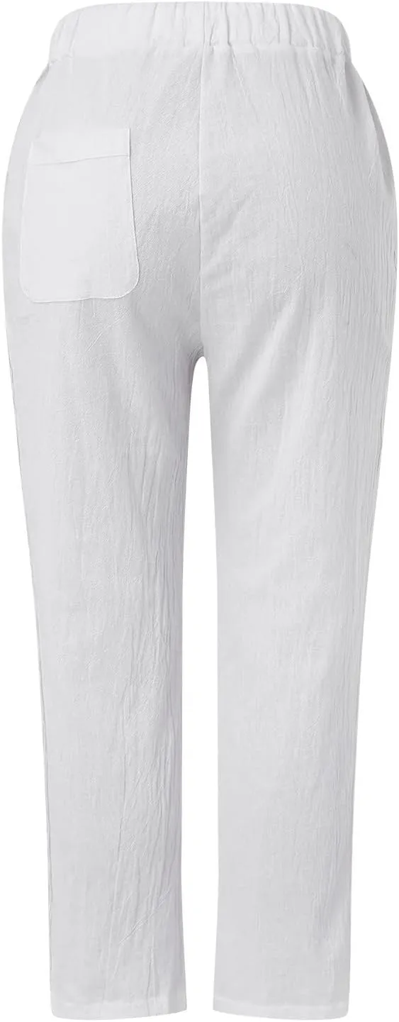 Linen Pants for Women 2025 Summer High Waist Elastic Straight Leg Lounge Pant Casual Loose Beach Lightweight Trousers