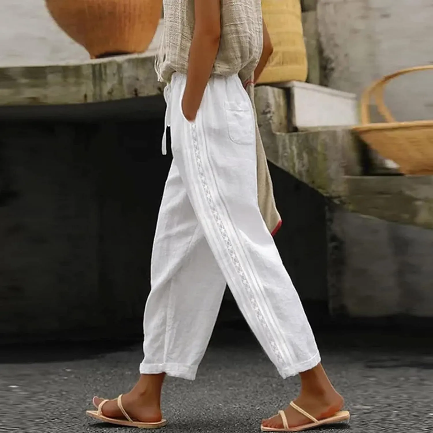 Linen Pants for Women 2025 Summer High Waist Elastic Straight Leg Lounge Pant Casual Loose Beach Lightweight Trousers