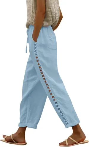 Linen Pants for Women 2025 Summer High Waist Elastic Straight Leg Lounge Pant Casual Loose Beach Lightweight Trousers