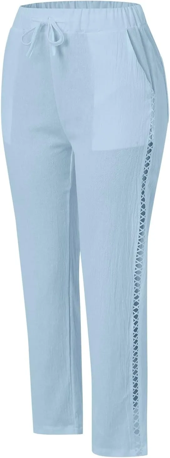 Linen Pants for Women 2025 Summer High Waist Elastic Straight Leg Lounge Pant Casual Loose Beach Lightweight Trousers
