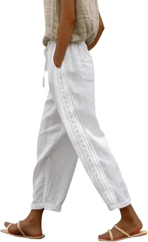 Linen Pants for Women 2025 Summer High Waist Elastic Straight Leg Lounge Pant Casual Loose Beach Lightweight Trousers