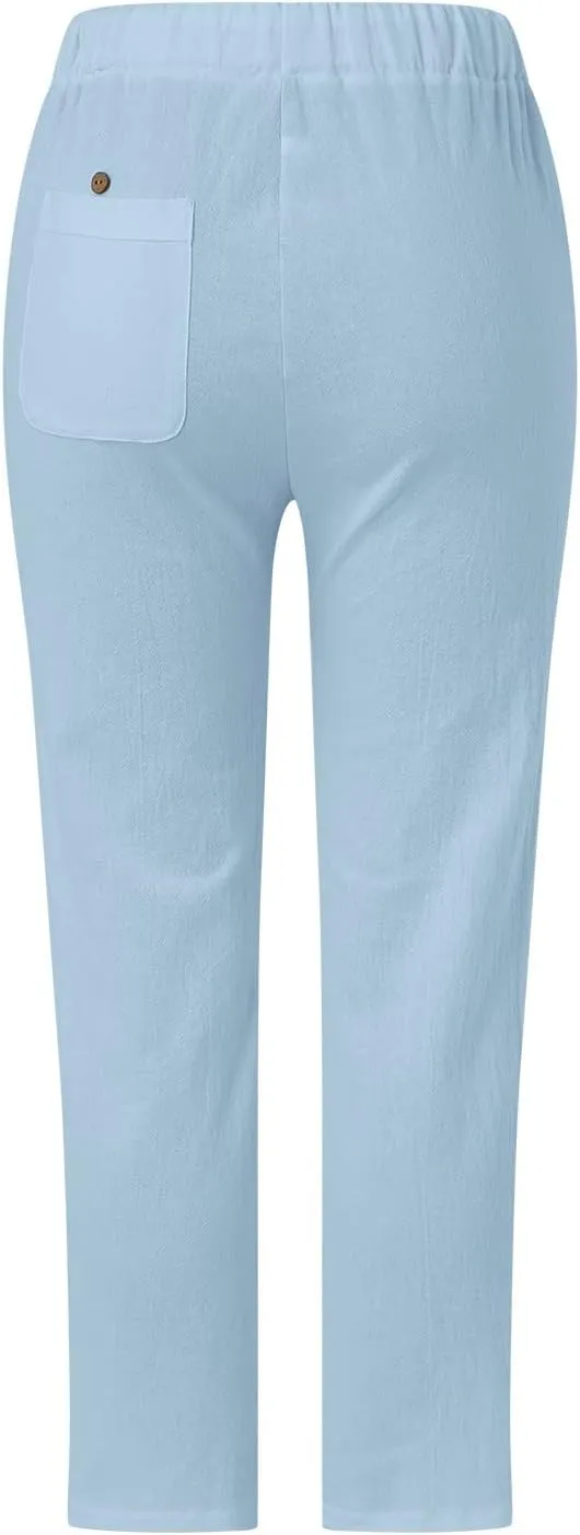 Linen Pants for Women 2025 Summer High Waist Elastic Straight Leg Lounge Pant Casual Loose Beach Lightweight Trousers