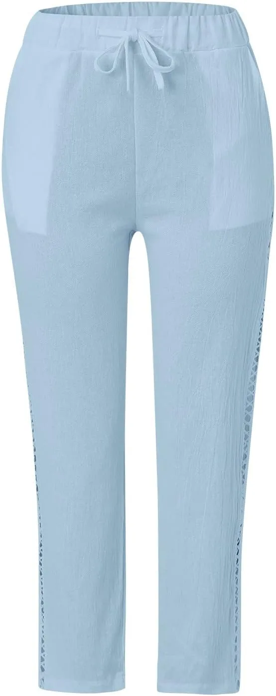 Linen Pants for Women 2025 Summer High Waist Elastic Straight Leg Lounge Pant Casual Loose Beach Lightweight Trousers