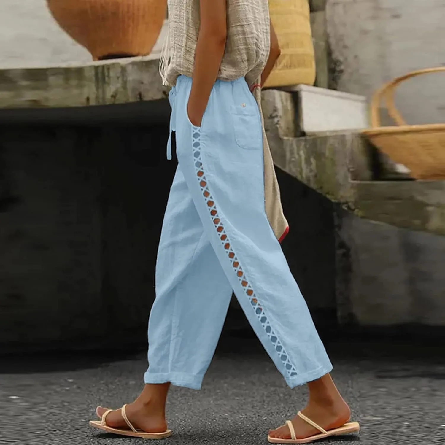 Linen Pants for Women 2025 Summer High Waist Elastic Straight Leg Lounge Pant Casual Loose Beach Lightweight Trousers