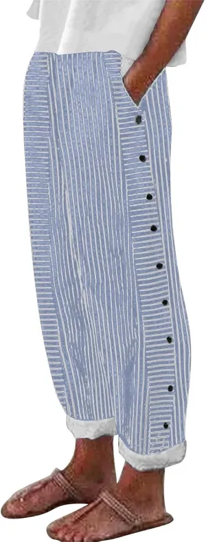 Linen Pants for Women 2025 Trendy Striped Spring Summer Casual Pants High Waist Straight Leg Trousers with Pockets