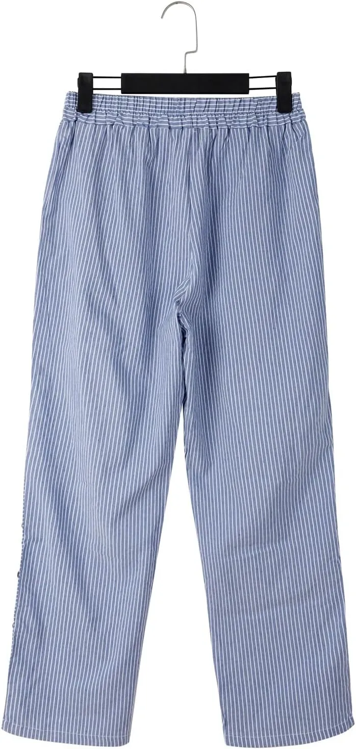 Linen Pants for Women 2025 Trendy Striped Spring Summer Casual Pants High Waist Straight Leg Trousers with Pockets