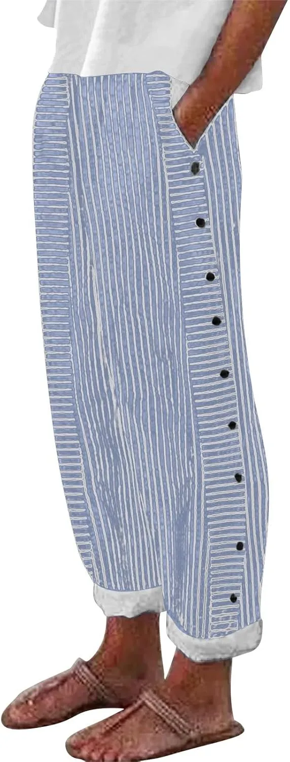 Linen Pants for Women 2025 Trendy Striped Spring Summer Casual Pants High Waist Straight Leg Trousers with Pockets